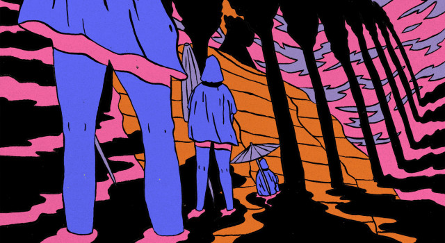 Een illustratie van drie figuren die een bos inlopen.