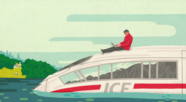 Een illustratie van een man die bovenop een internationale trein zit te werken op zijn laptop. Het land is overstroomd, de trein staat half onder water.