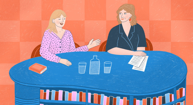 Een illustratie van Julie Myerson en Marja Pruis. Ze praten met elkaar, aan tafel.