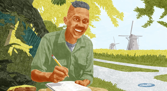 Een getekend portret van Tjalie Robinson. Hij schrijft met een potlood op een notitieblok Op de achtergrond gaat het Indonesische landschap over in het platgeharkte Nederland