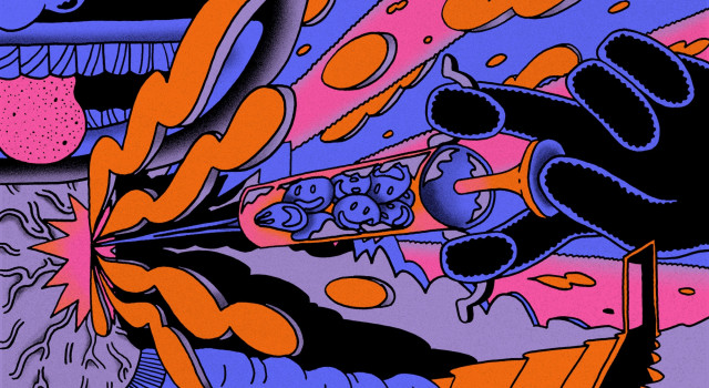 Illustratie van iemand die een injectie met smileys in zijn nek spuit