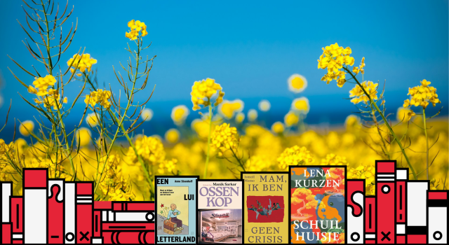 Een rij boeken voor een bloemenveld.