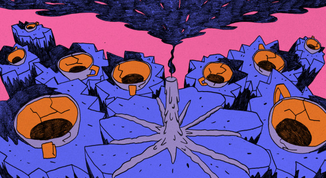 Illustratie bij dit verhaal. In het midden een kaars waarvan de vlam overloopt in een soort donkere wolk bovenin. Rondom de kaars staan kapotte kopjes op een soort rotsen.