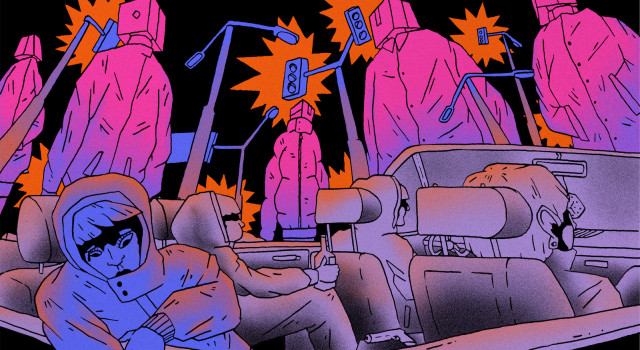 Een illustratie van een angstige persoon op de achterbank van de auto. Wezens met dozen als hoofden torenen boven de auto uit.